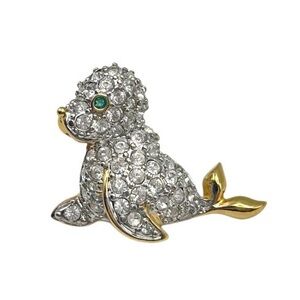 Vintage Signed Swavorski Crystal Seal Brooch with Green Eyes
